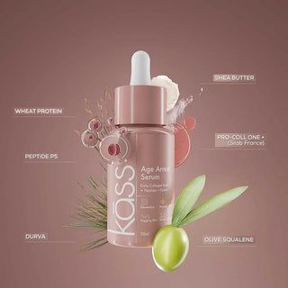 Kass Age Arrest Serum bottle with dropper on a brown background, featuring olive and green leaves.