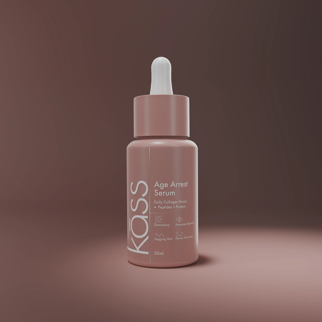 Kass Age Arrest Serum bottle on a brown background